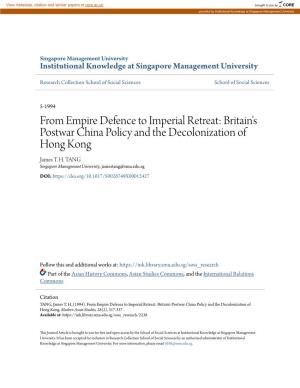 Britain's Postwar China Policy and the Decolonization of Hong Kong James T