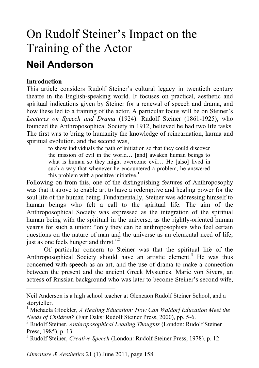 On Rudolf Steiner‟S Impact on the Training of the Actor Neil Anderson