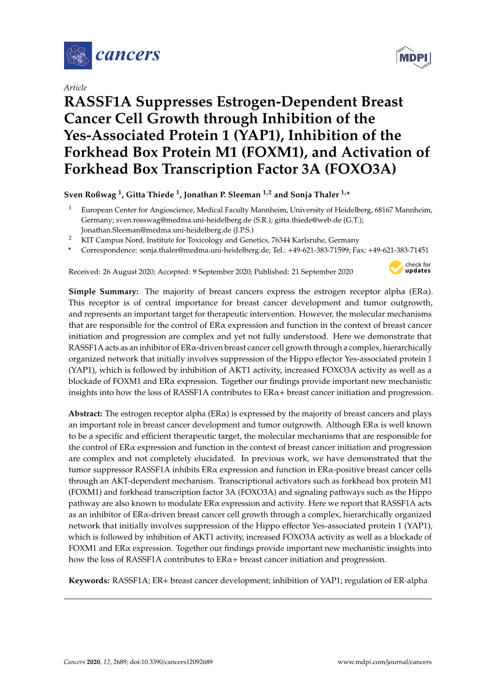 RASSF1A Suppresses Estrogen-Dependent Breast Cancer