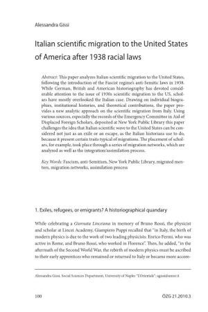 Italian Scientific Migration to the United States of America After 1938 Racial Laws