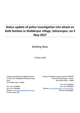 Status Update of Police Investigation Into Attack on Dalit Families in Shabbirpur Village, Saharanpur, on 5 May 2017
