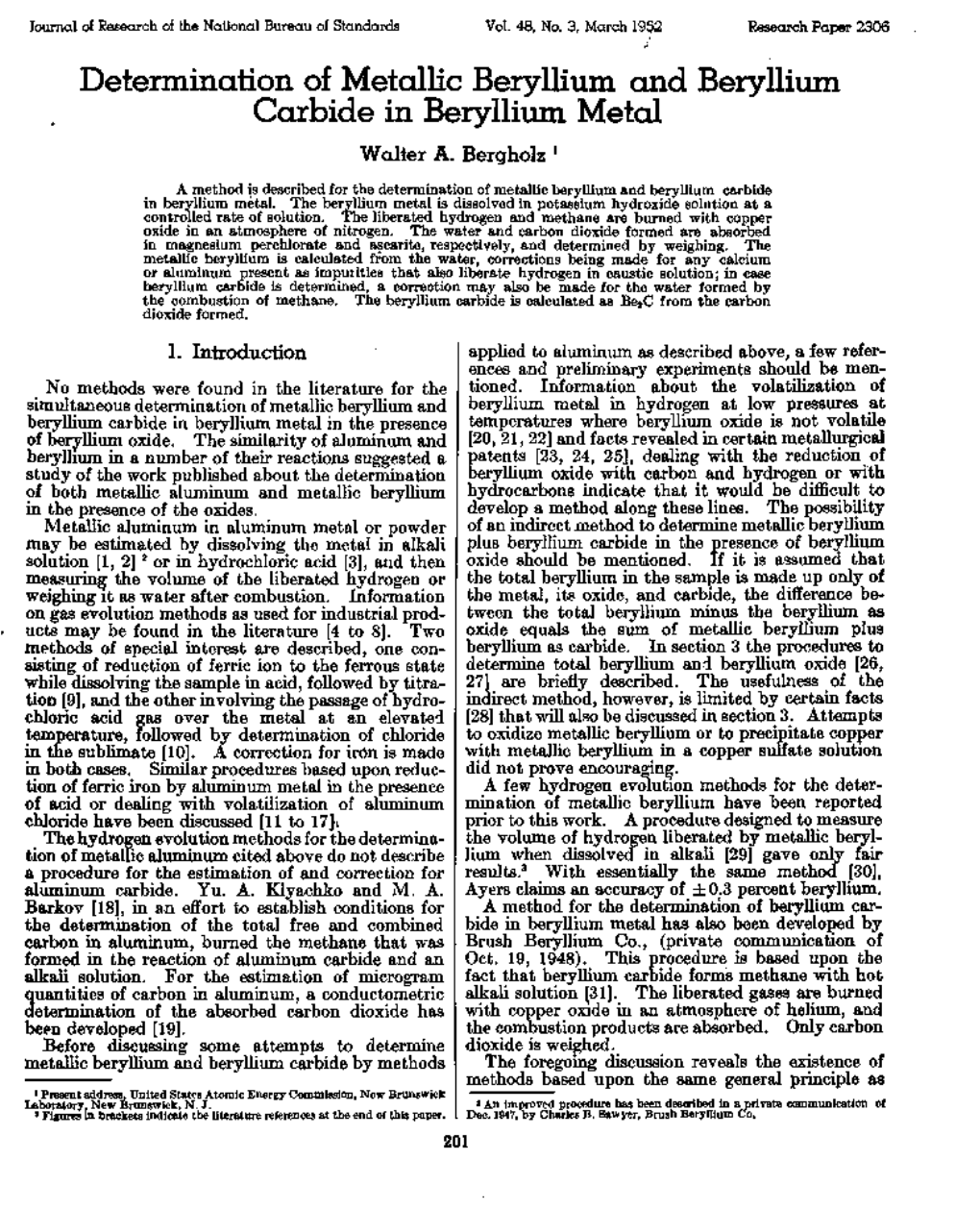 Determination of Metallic Beryllium and Beryllium Carbide in Beryllium Metal Walter A