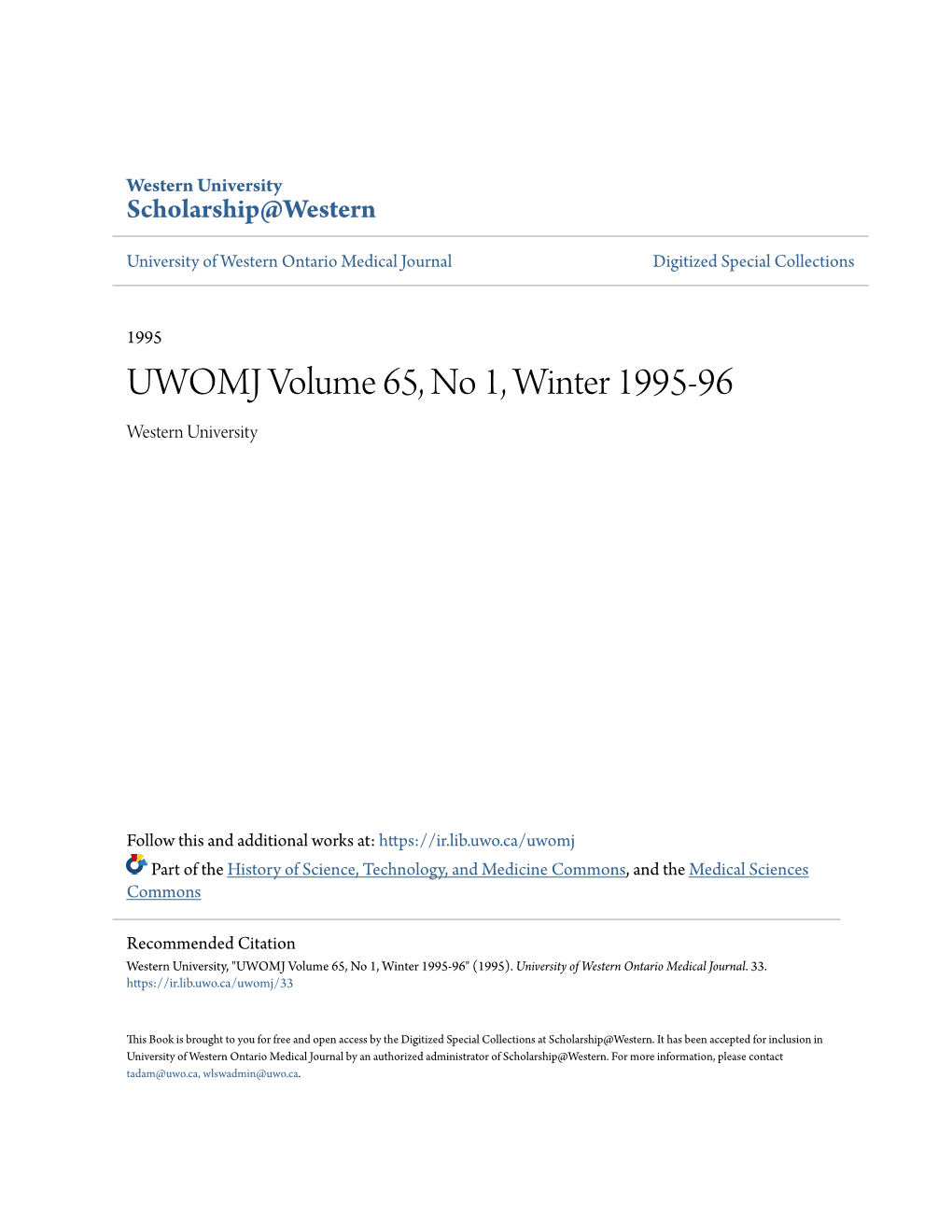 UWOMJ Volume 65, No 1, Winter 1995-96 Western University