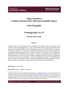 'Many-Citedness': Citations Measure More Than Just Scientific Impact Carlo D'ippoliti* Working Paper No. 57