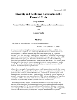 Diversity and Resilience: Lessons from the Financial Crisis (2009)