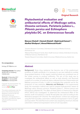 Phytochemical Evaluation and Antibacterial Effects of Medicago Sativa, Onosma Sericeum, Parietaria Judaica L., Phlomis Persica and Echinophora Platyloba DC