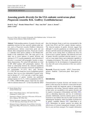 Assessing Genetic Diversity for the USA Endemic Carnivorous Plant Pinguicula Ionantha R.K. Godfrey (Lentibulariaceae)