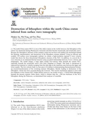 Destruction of Lithosphere Within the North China Craton Inferred from Surface Wave Tomography