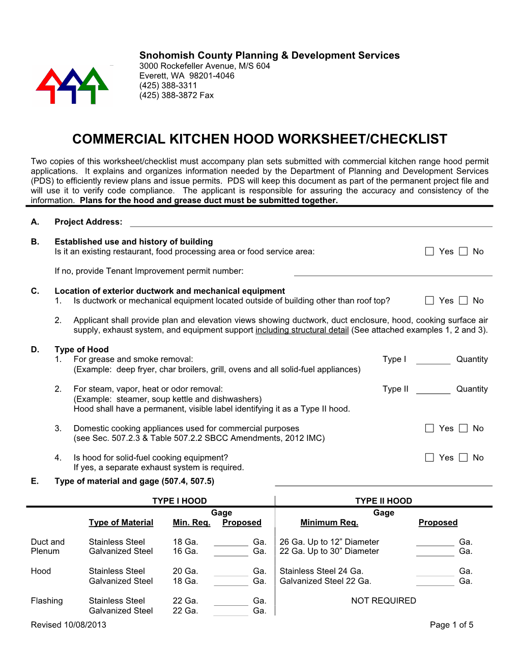 Commercial Kitchen Hood Worksheet/Checklist