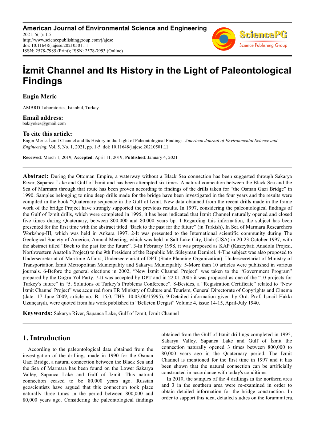 İzmit Channel and Its History in the Light of Paleontological Findings