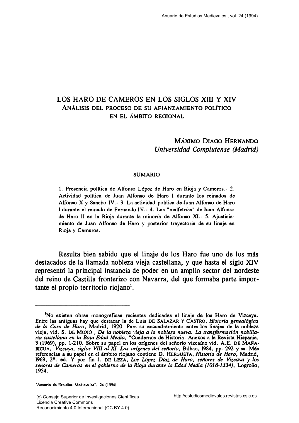 Los Haro De Cameros En Los Siglos XIII Y XIV. Análisis Del Proceso De Su Afianzamiento Político En El Ámbito Regional