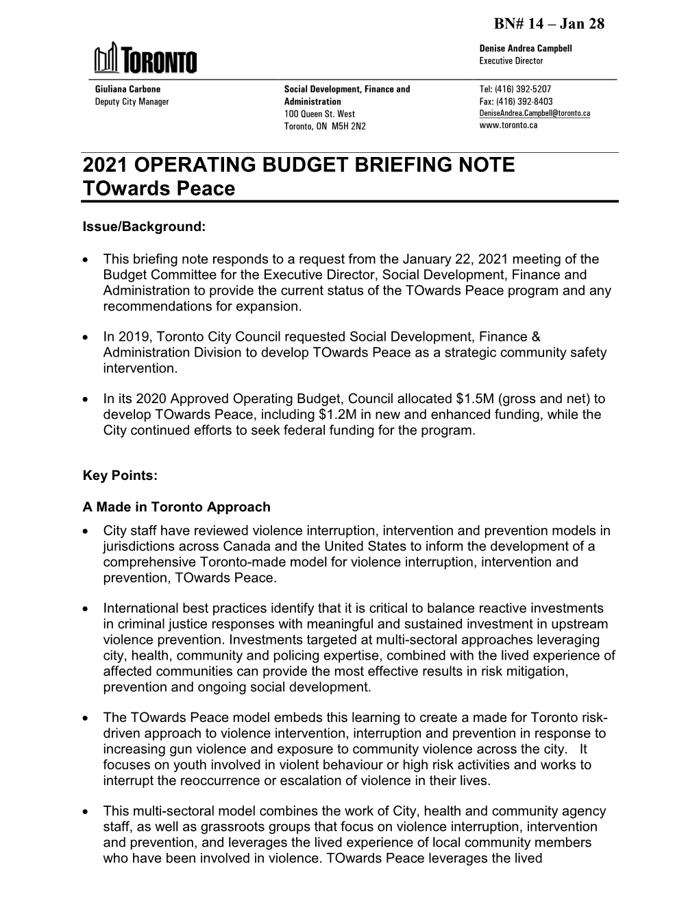 2021 OPERATING BUDGET BRIEFING NOTE Towards Peace