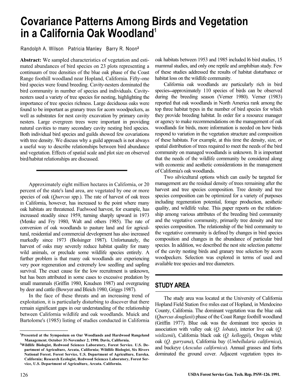 Covariance Patterns Among Birds and Vegetation in a California Oak Woodland1