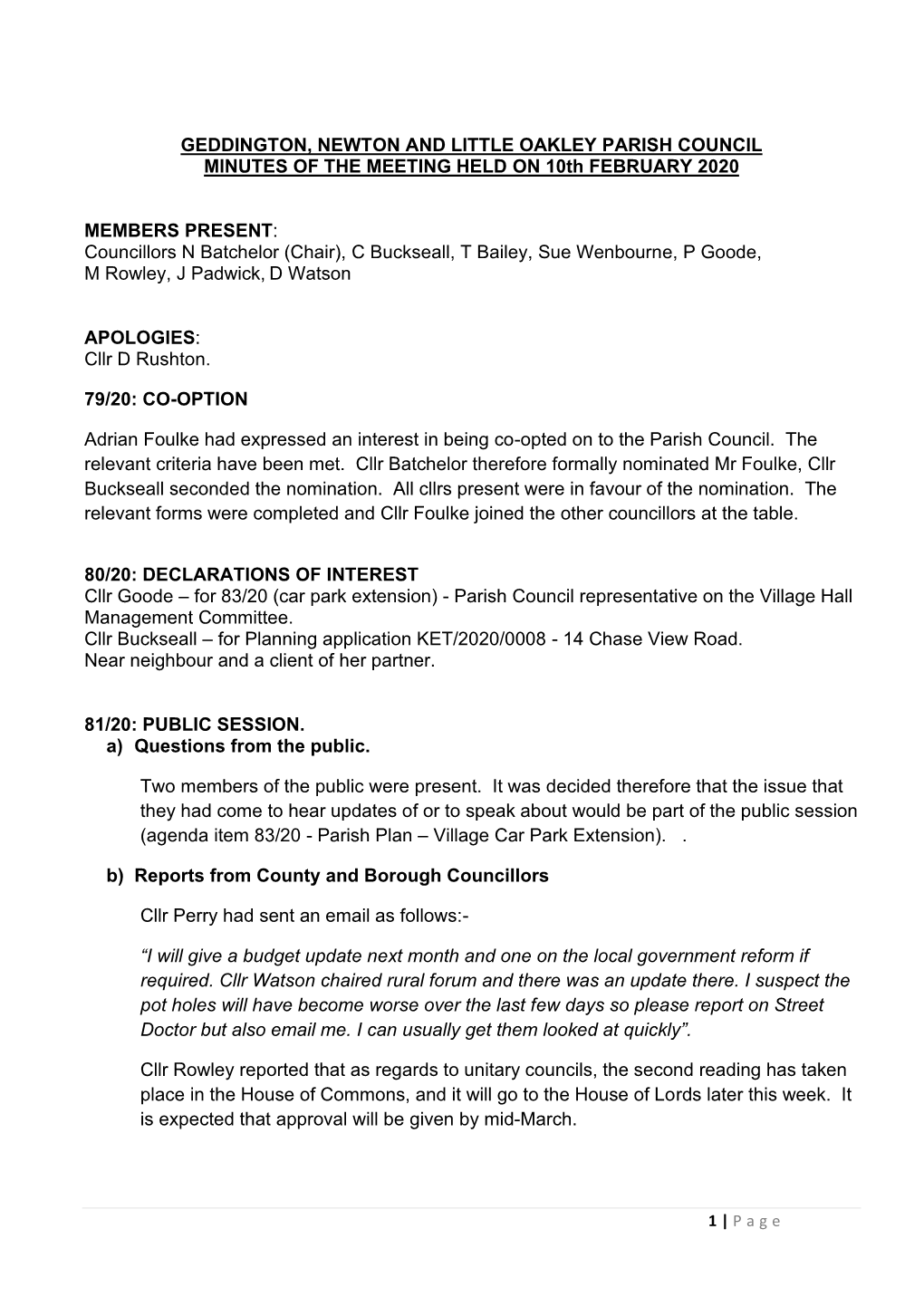 GEDDINGTON, NEWTON and LITTLE OAKLEY PARISH COUNCIL MINUTES of the MEETING HELD on 10Th FEBRUARY 2020