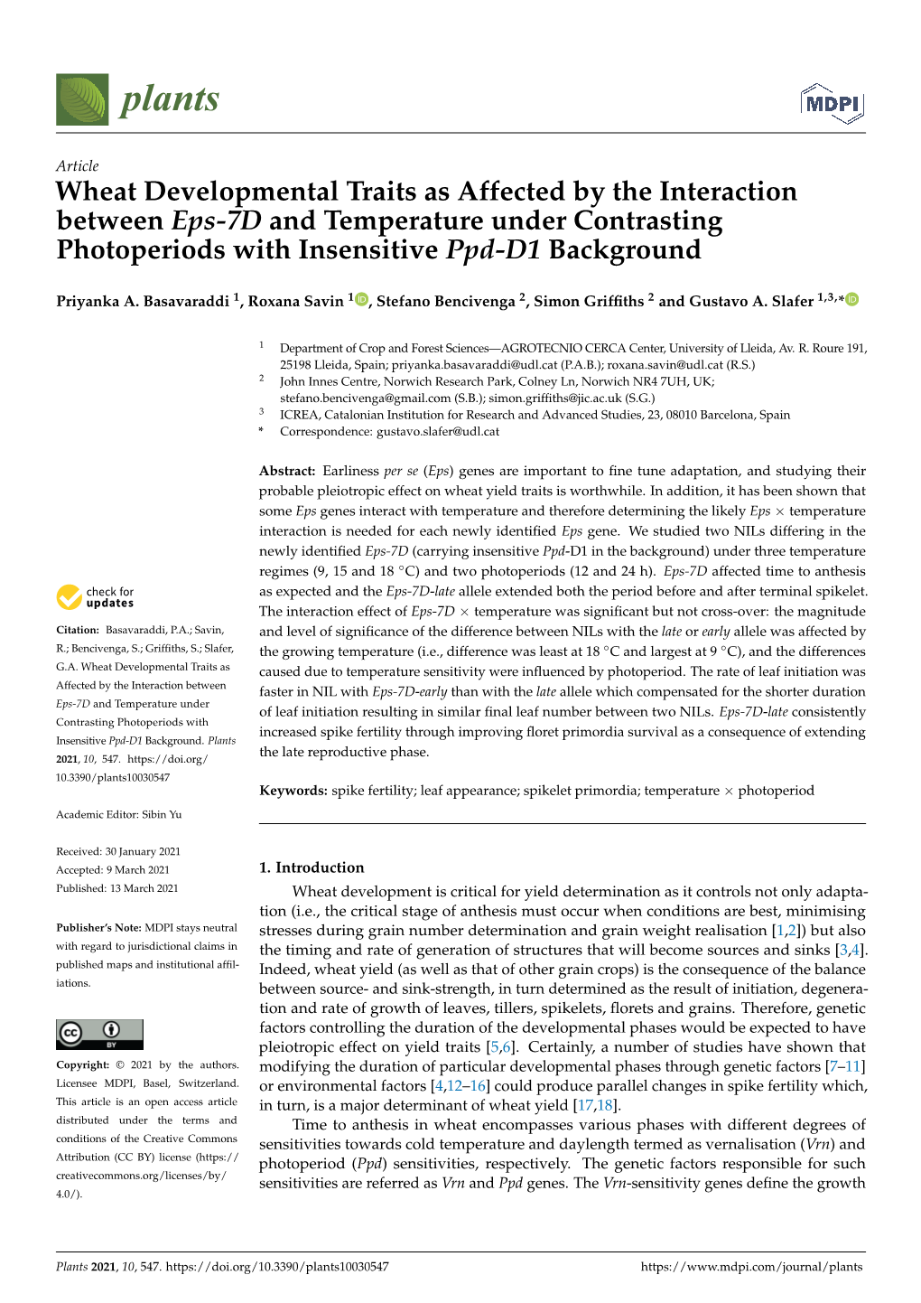 Wheat Developmental Traits As Affected by the Interaction Between Eps-7D and Temperature Under Contrasting Photoperiods with Insensitive Ppd-D1 Background