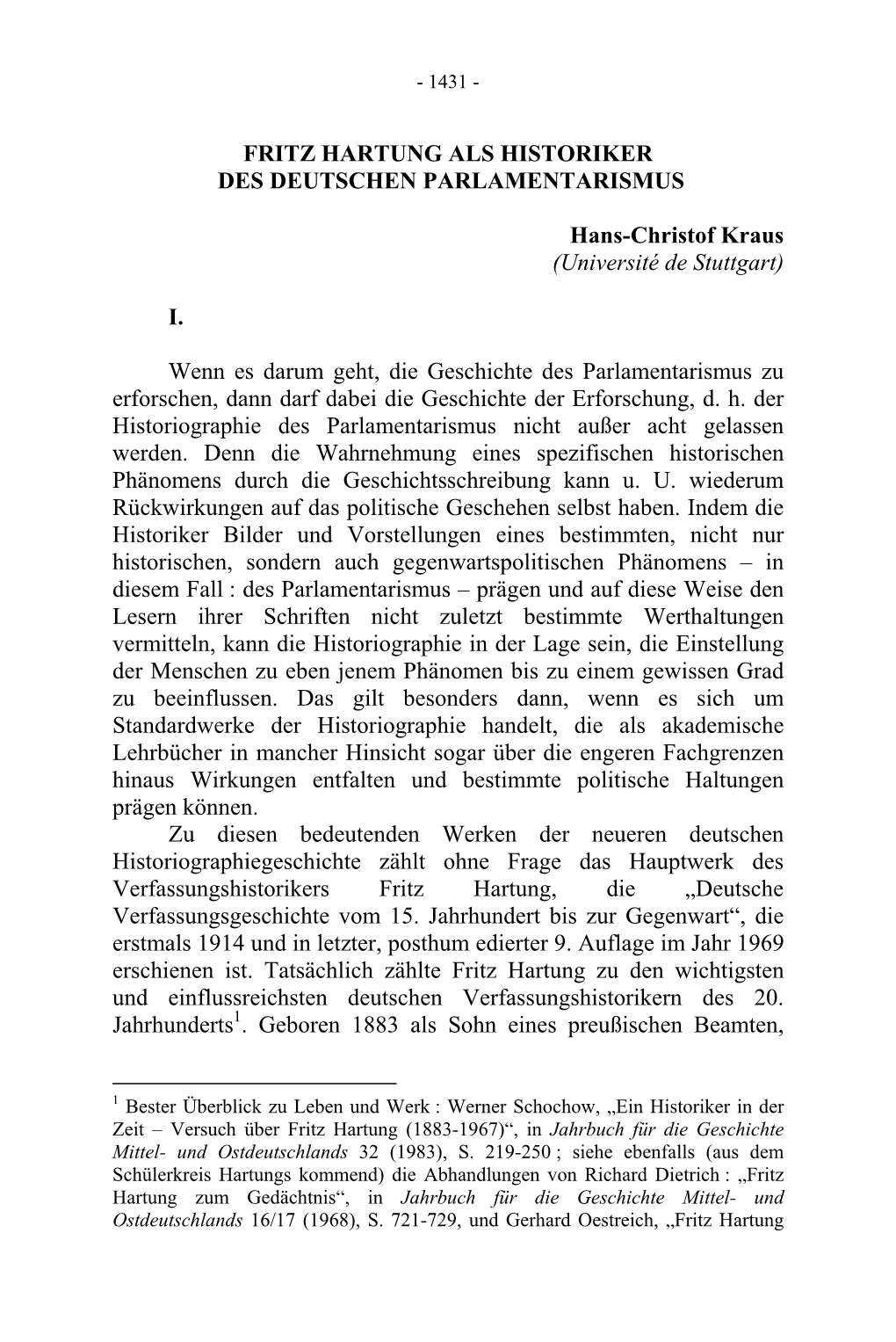 Fritz Hartung Als Historiker Des Deutschen Parlamentarismus