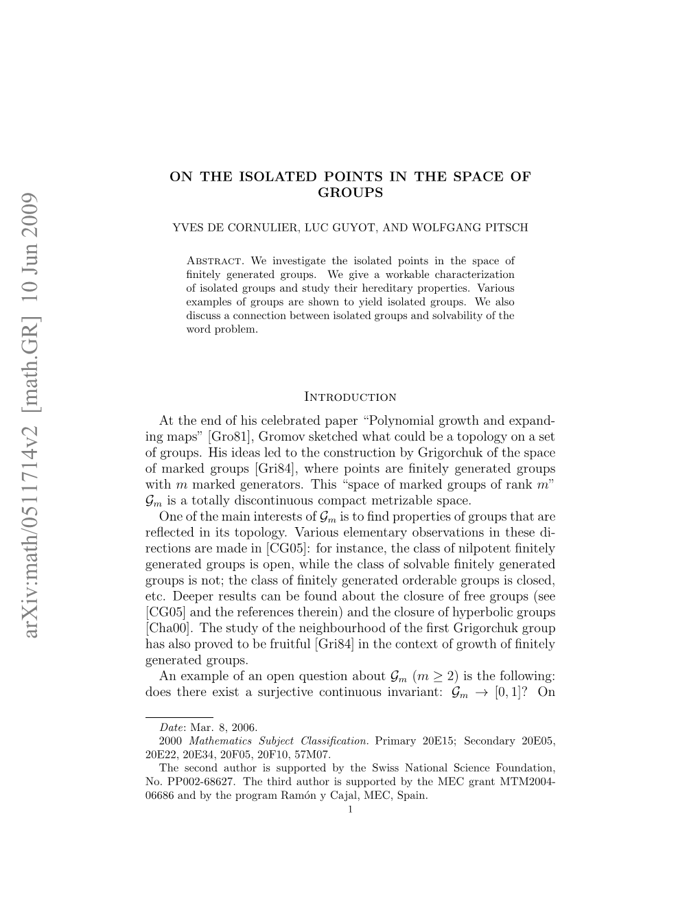 [Math.GR] 10 Jun 2009 G a Lopoe Ob Rifl[R8]I H Otx Fgot Fﬁn of Growth of Context the in Gr [Gri84] Groups