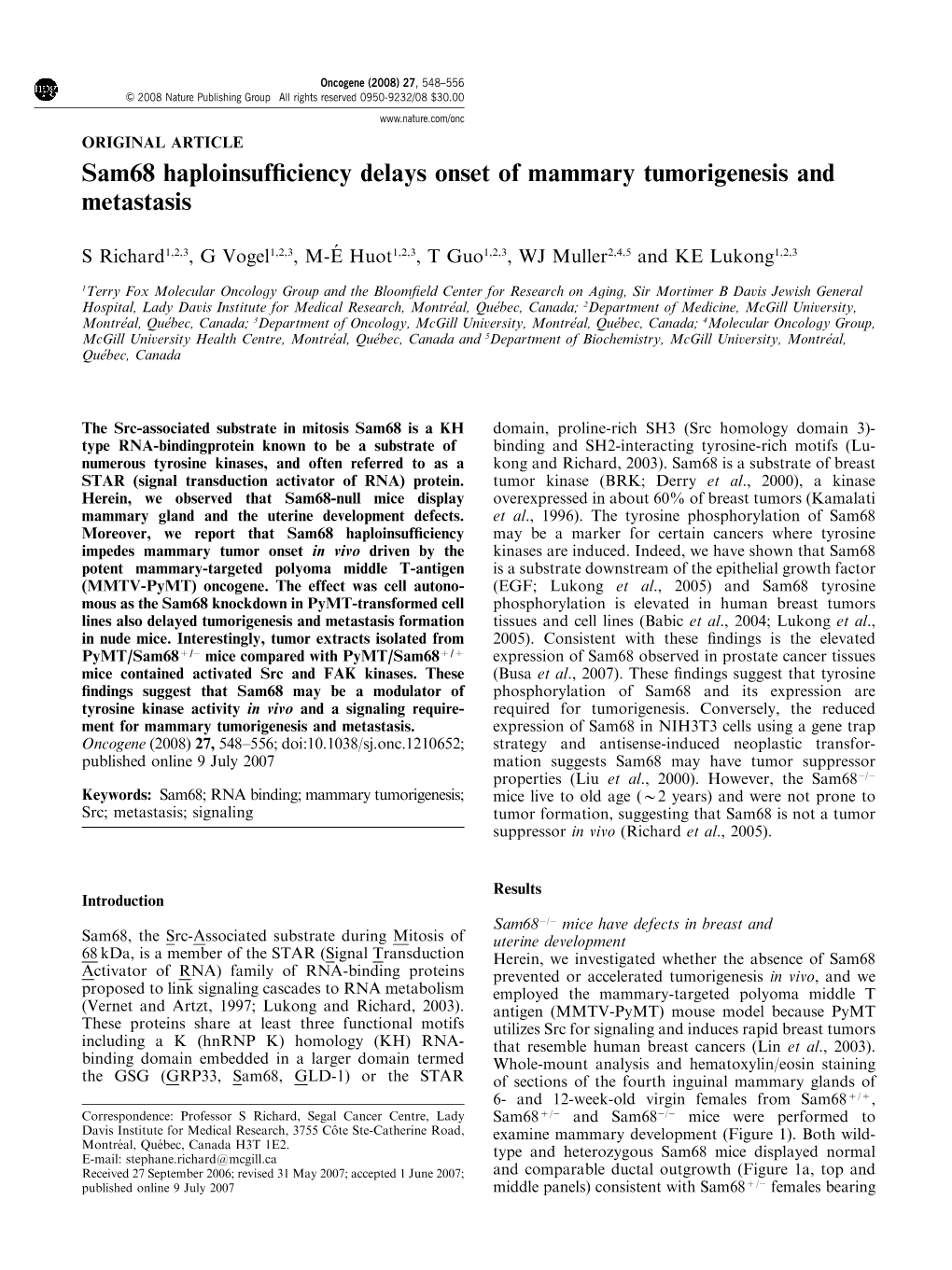 Sam68 Haploinsufficiency Delays Onset of Mammary Tumorigenesis