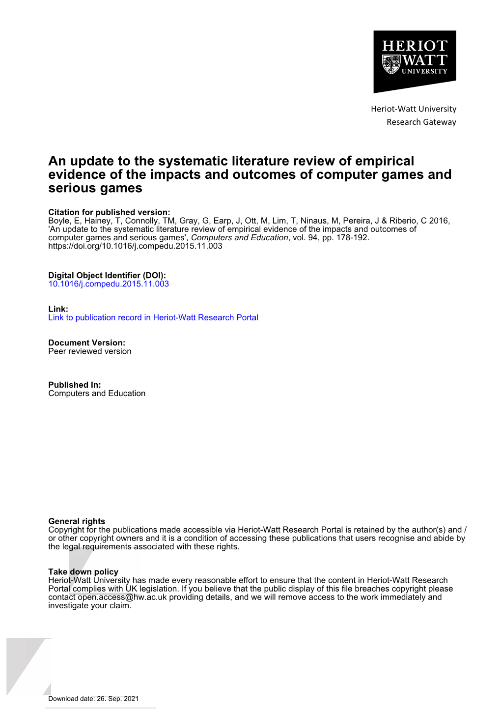 An Update to the Systematic Literature Review of Empirical Evidence of the Impacts and Outcomes of Computer Games and Serious Games