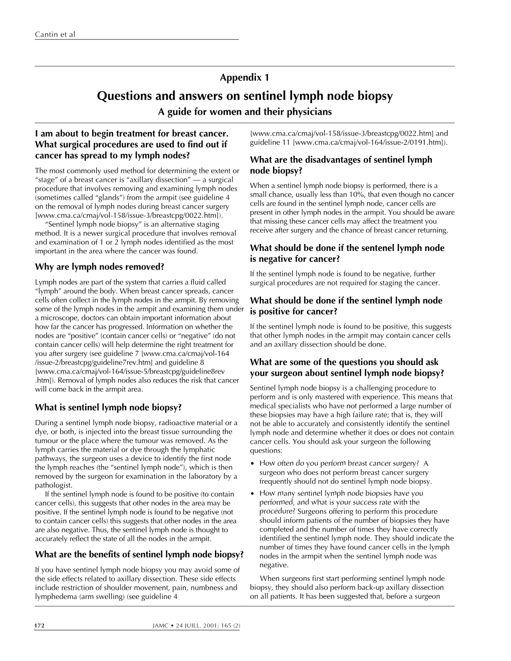 Questions and Answers on Sentinel Lymph Node Biopsy a Guide for Women and Their Physicians