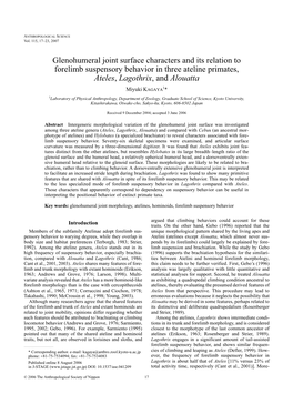 Glenohumeral Joint Surface Characters and Its Relation to Forelimb Suspensory Behavior in Three Ateline Primates, Ateles, Lagothrix, and Alouatta Miyuki KAGAYA1*