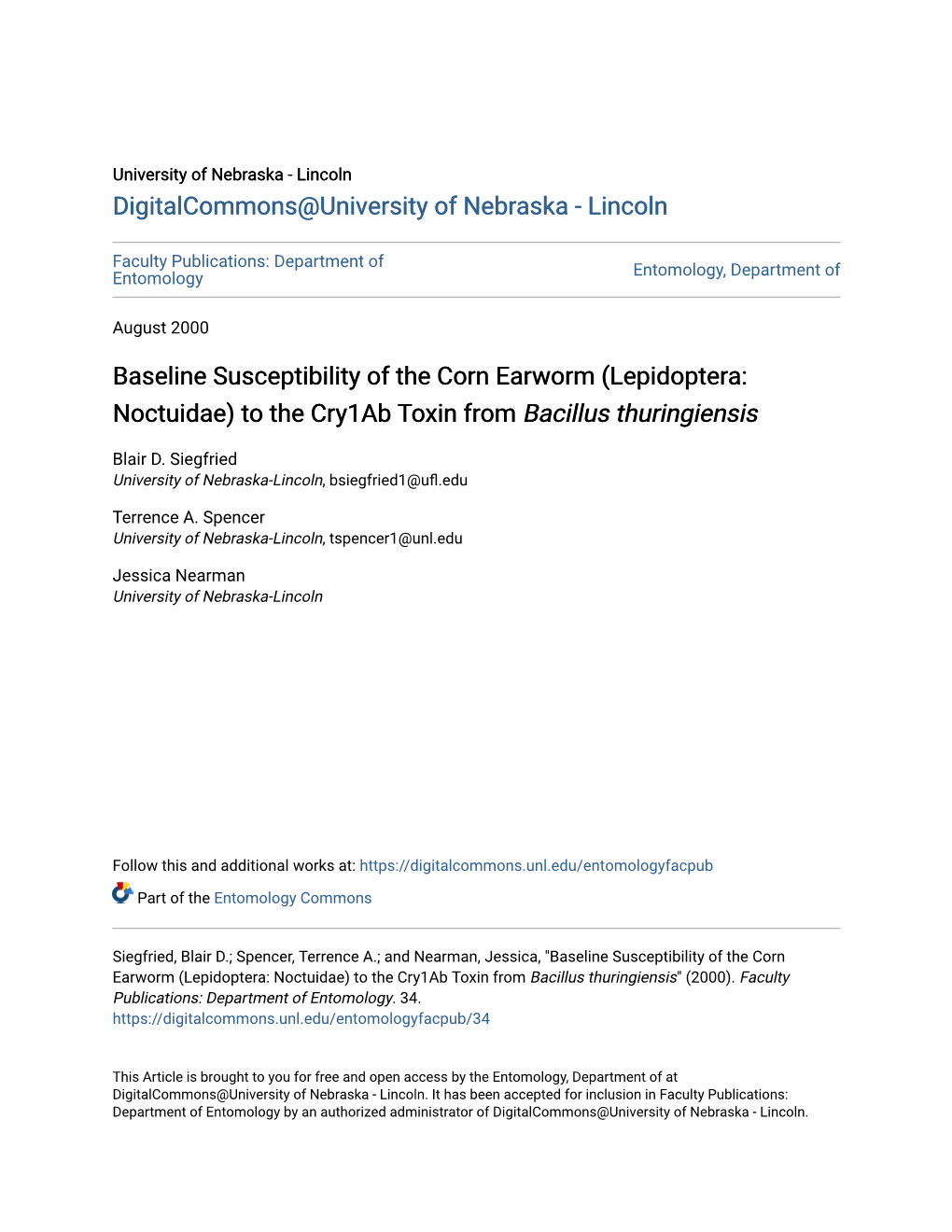 Baseline Susceptibility of the Corn Earworm (Lepidoptera: Noctuidae) to the Cry1ab Toxin from Bacillus Thuringiensis
