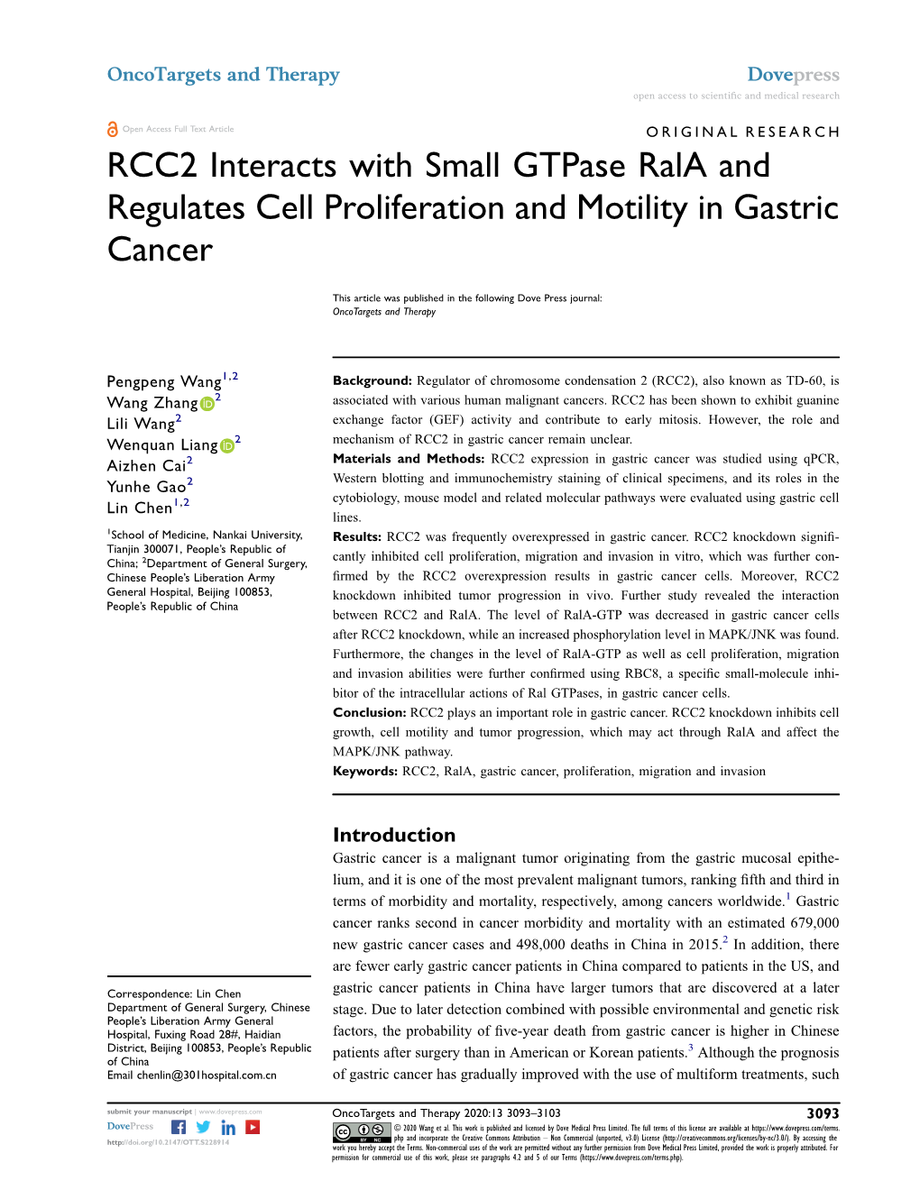 RCC2 Interacts with Small Gtpase Rala and Regulates Cell Proliferation and Motility in Gastric Cancer