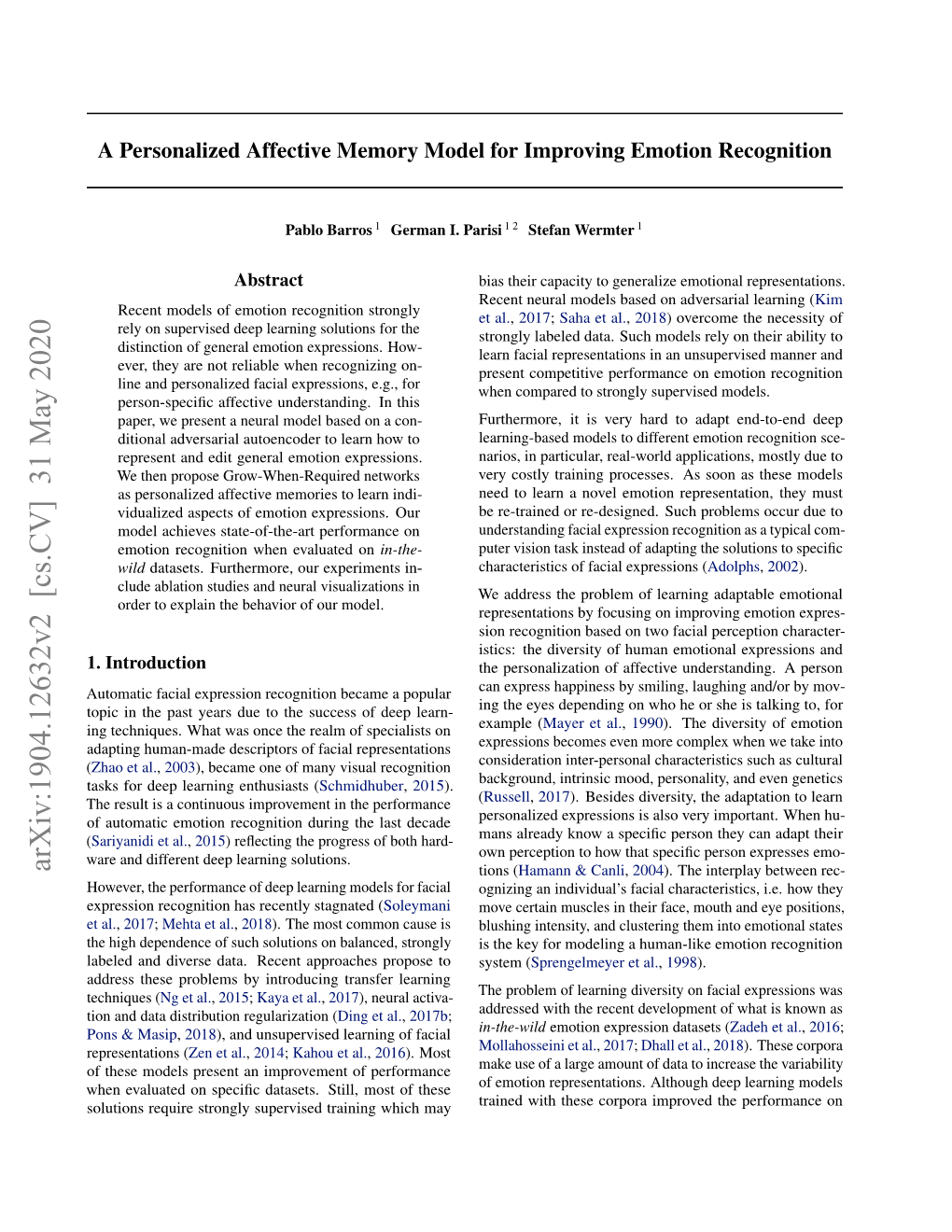 A Personalized Affective Memory Model for Improving Emotion Recognition