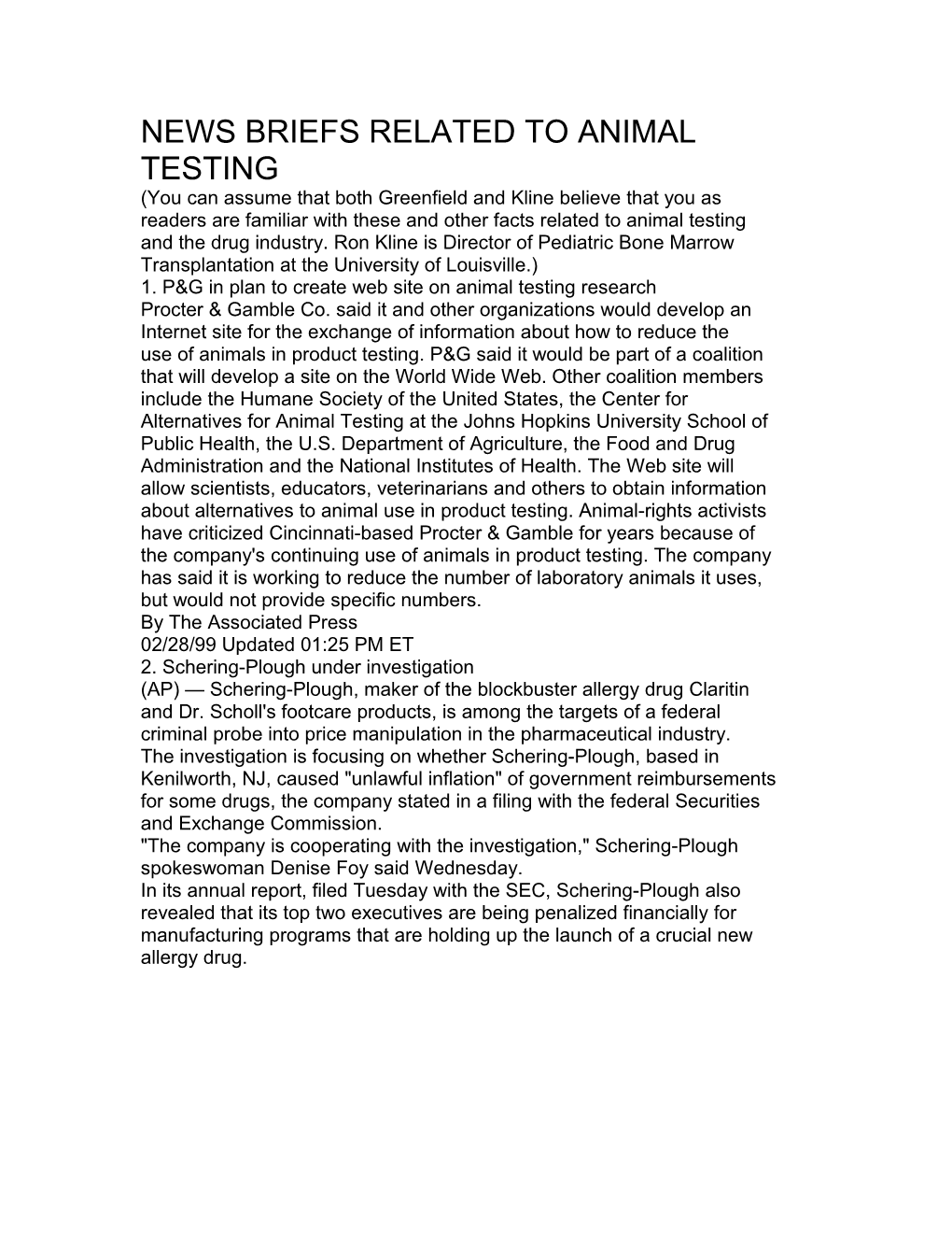 News Briefs Related to Animal Testing