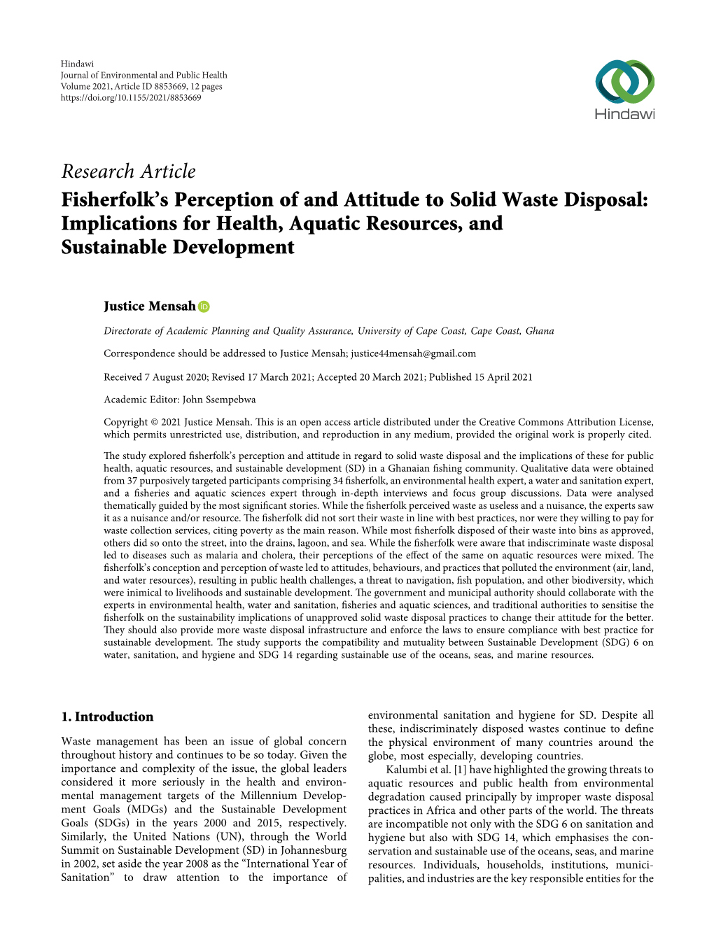 Research Article Fisherfolk's Perception of and Attitude to Solid