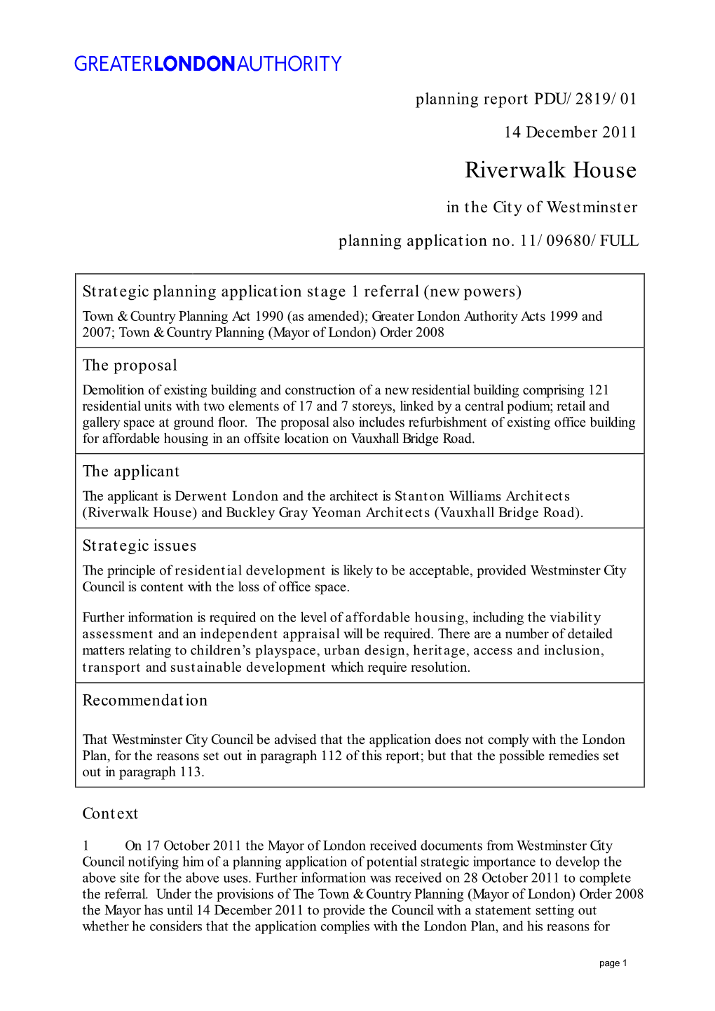 Riverwalk House in the City of Westminster Planning Application No