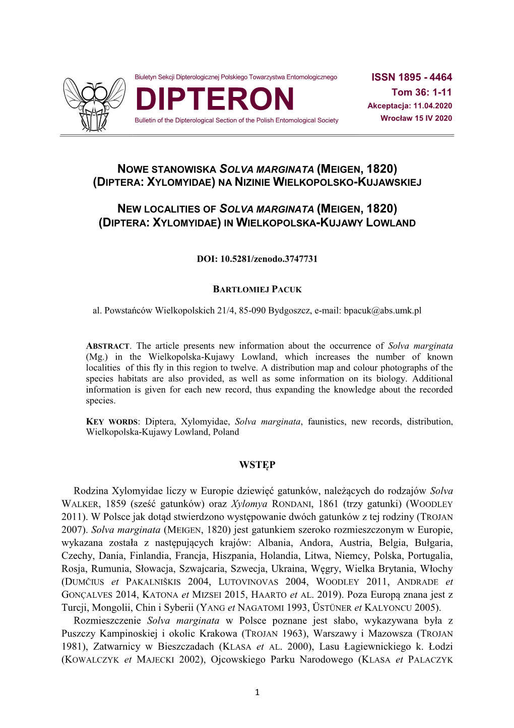 DIPTERON Akceptacja: 11.04.2020 Bulletin of the Dipterological Section of the Polish Entomological Society Wrocław 15 IV 2020