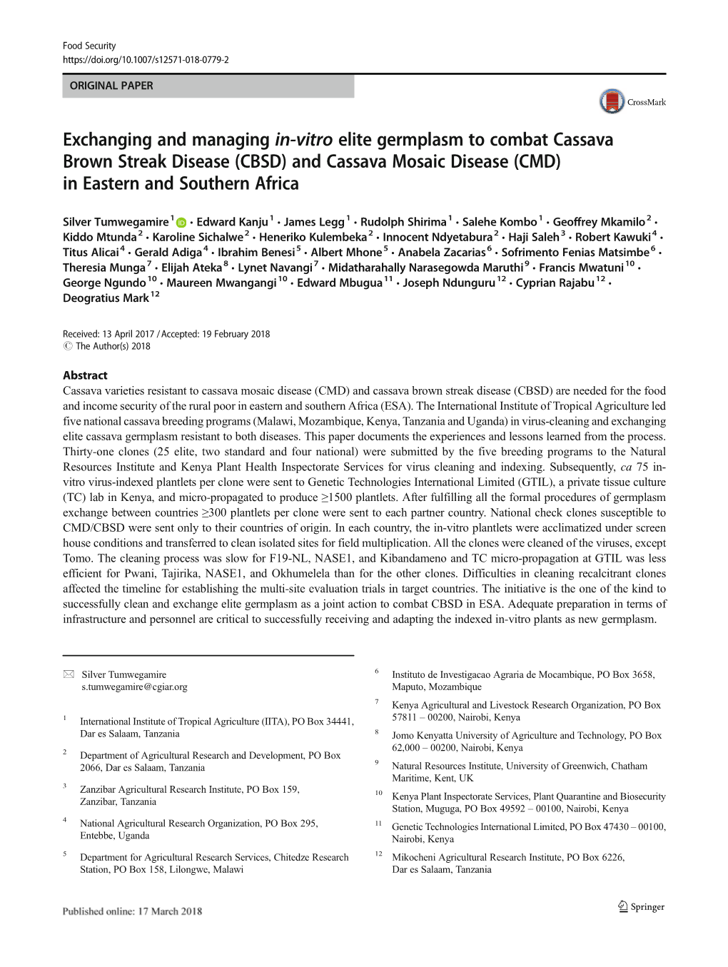 CBSD) and Cassava Mosaic Disease (CMD) in Eastern and Southern Africa