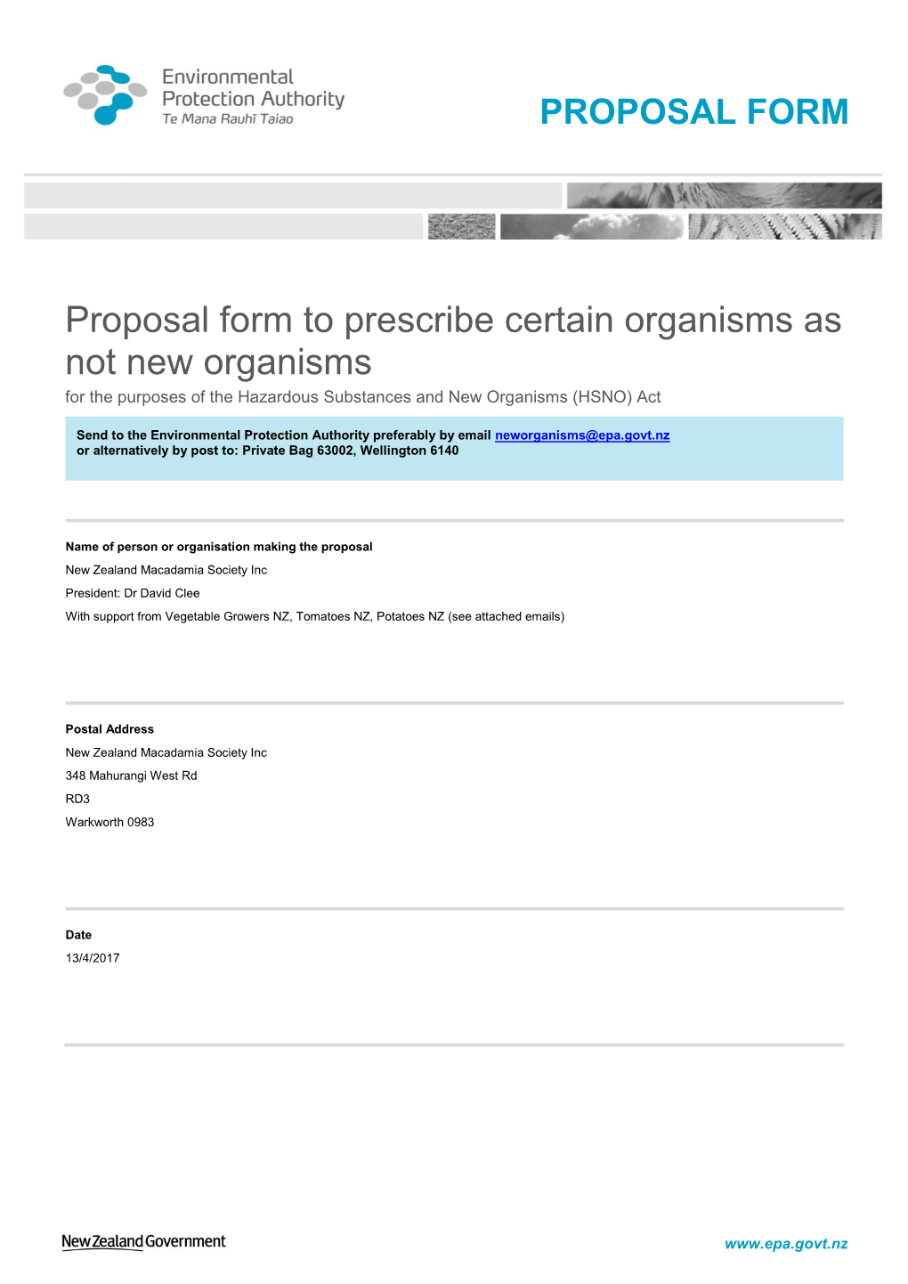 Proposal Form to Prescribe Certain Organisms As Not New Organisms for the Purposes of the Hazardous Substances and New Organisms (HSNO) Act