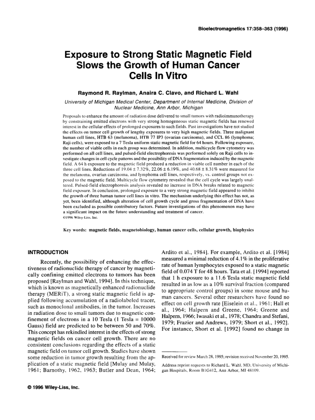 Exposure to Strong Static Magnetic Field Slows the Growth of Human Cancer Cells in Vitro