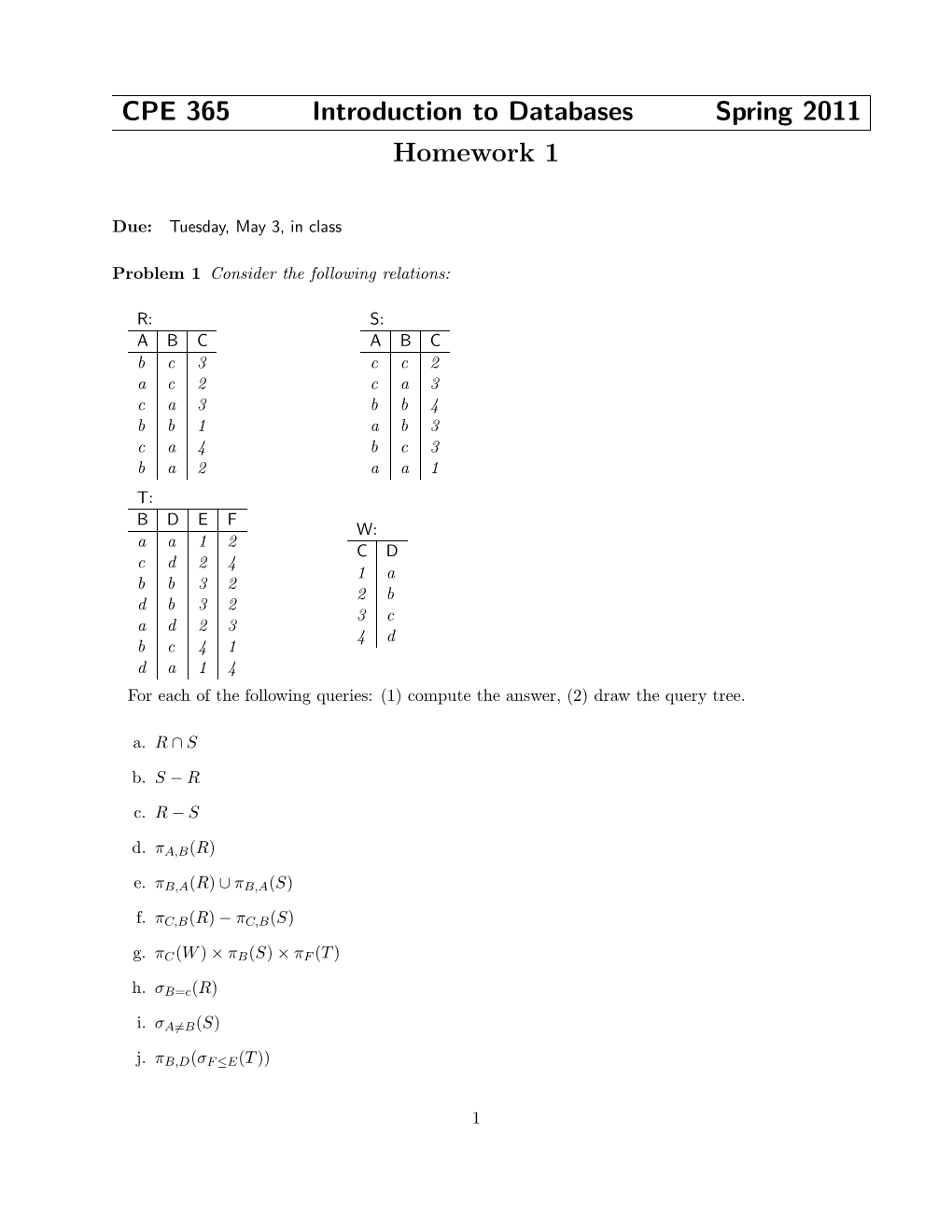 CPE 365 Introduction to Databases Spring 2011 Homework 1