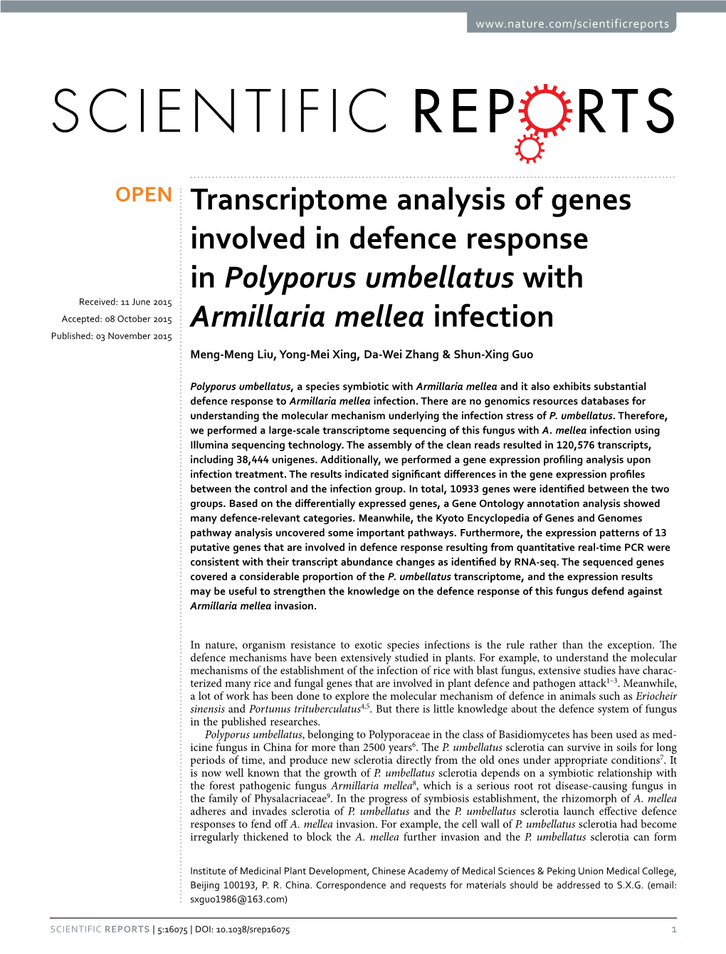 Transcriptome Analysis of Genes Involved in Defence Response in Polyporus Umbellatus with Armillaria Mellea Infection