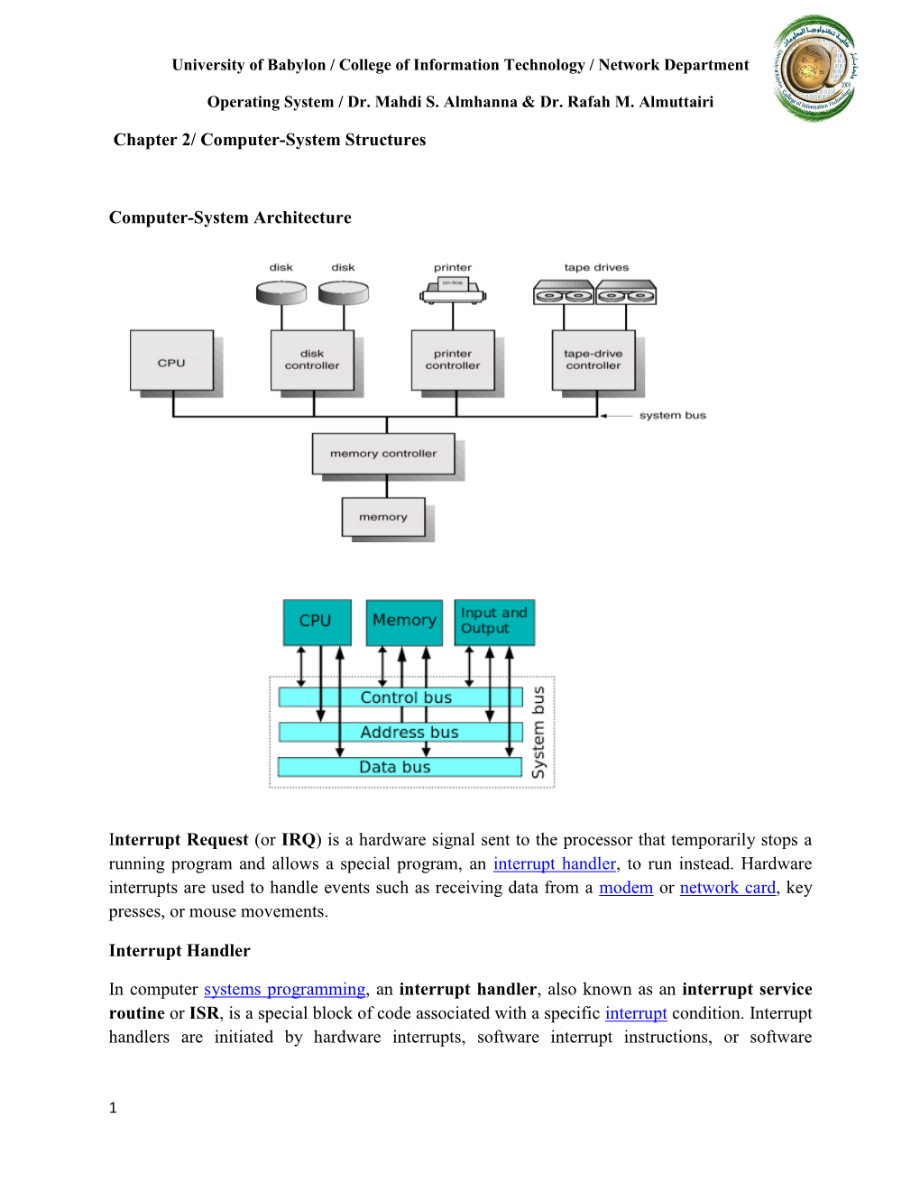 Chapter 2/ Computer-System Structures Computer-System