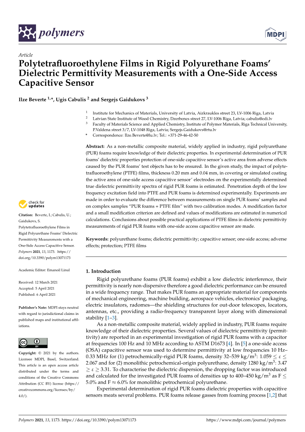 Polytetrafluoroethylene Films in Rigid Polyurethane Foams' Dielectric Permittivity Measurements with a One-Side Access Capacit