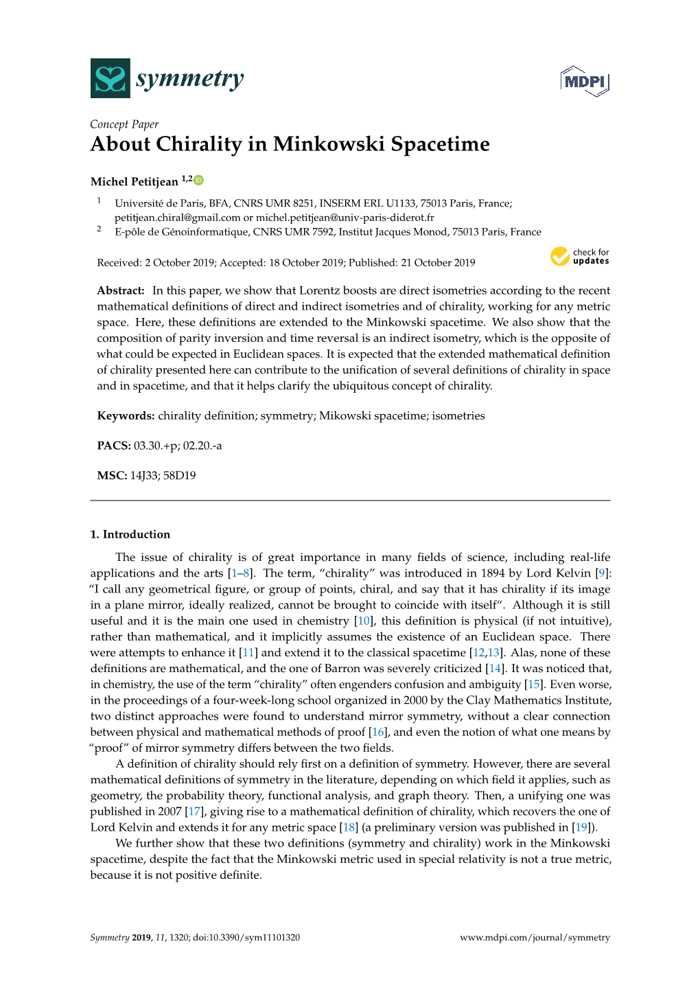 About Chirality in Minkowski Spacetime