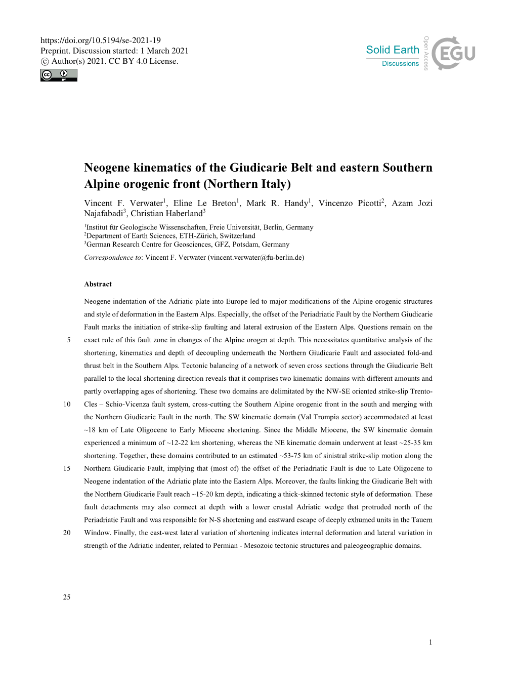 Neogene Kinematics of the Giudicarie Belt and Eastern Southern Alpine Orogenic Front (Northern Italy) Vincent F