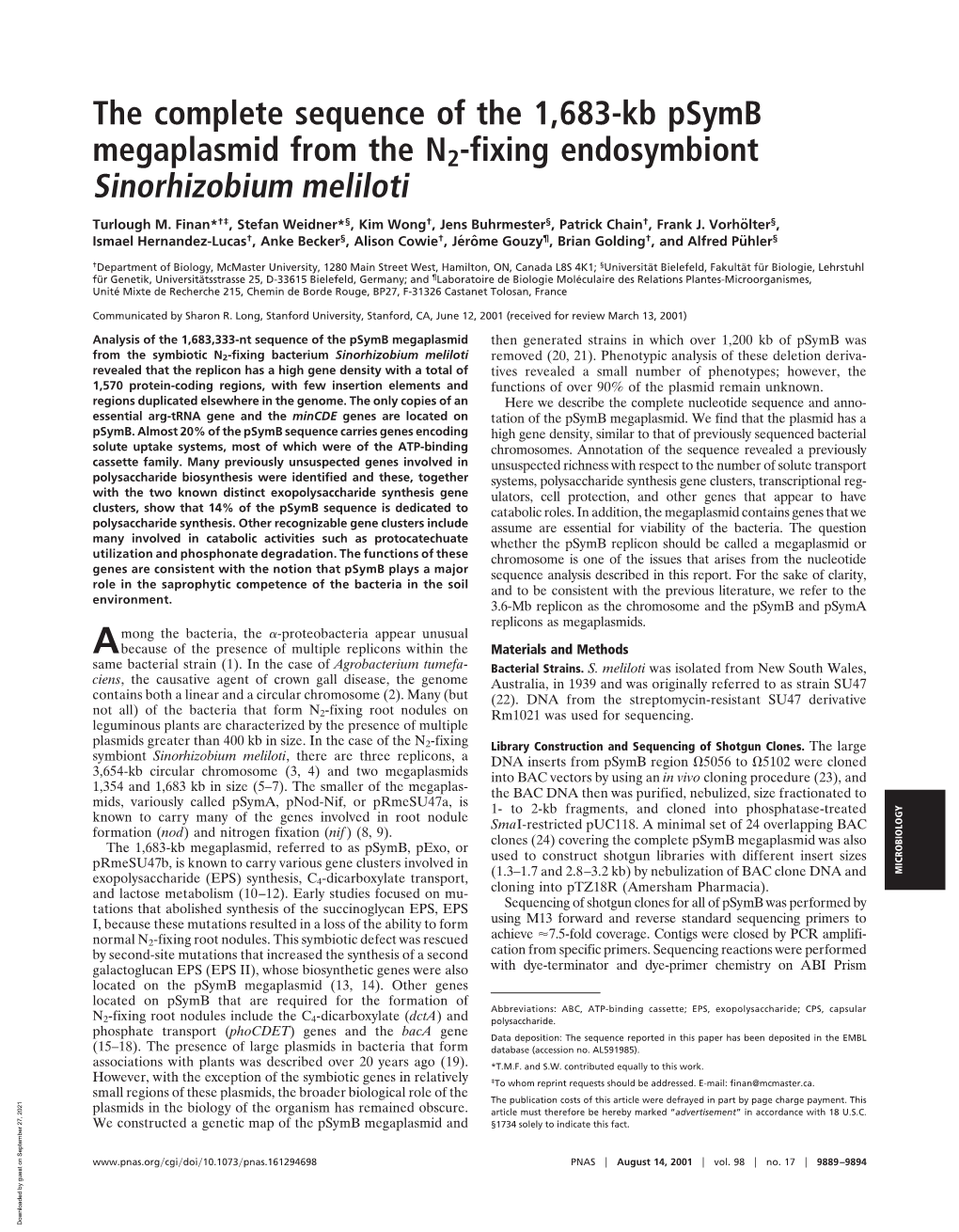 The Complete Sequence of the 1,683-Kb Psymb Megaplasmid from the N2-Fixing Endosymbiont Sinorhizobium Meliloti