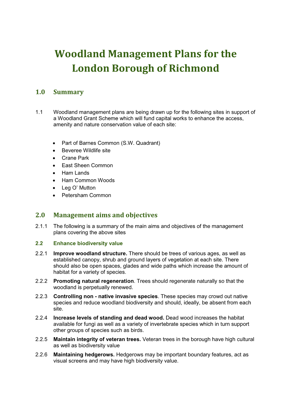 Woodland Management Plans for the London Borough of Richmond
