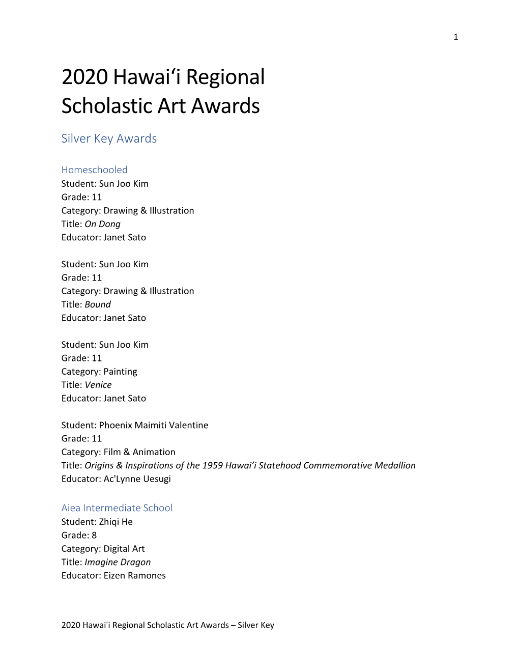 2020 Scholastics Silver Key Awards