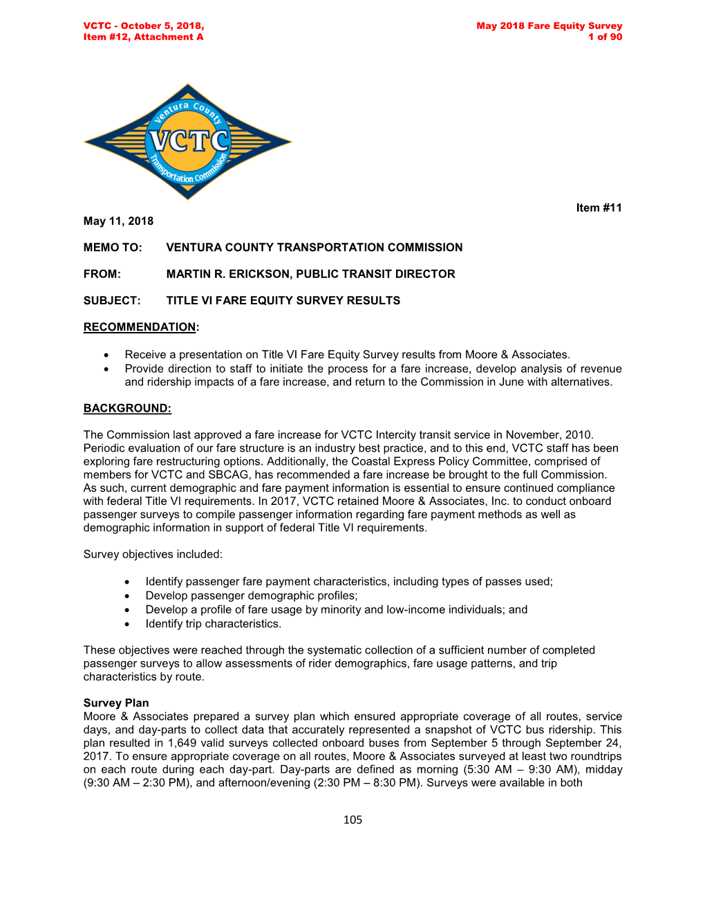 Item #11 May 11, 2018 MEMO TO: VENTURA COUNTY