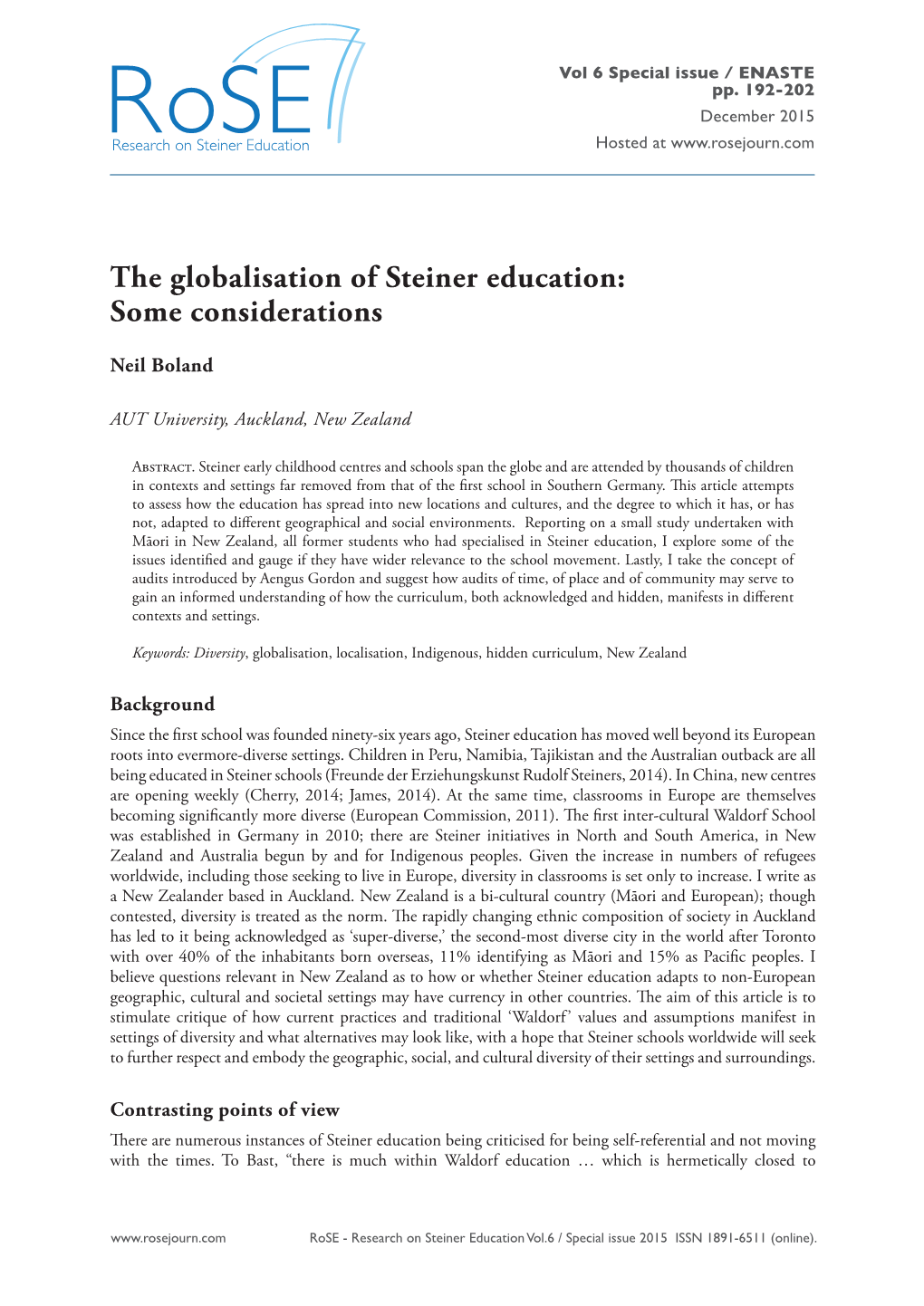 The Globalisation of Steiner Education: Some Considerations