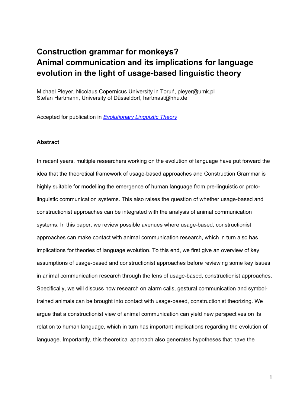 Construction Grammar for Monkeys? Animal Communication and Its Implications for Language Evolution in the Light of Usage-Based Linguistic Theory