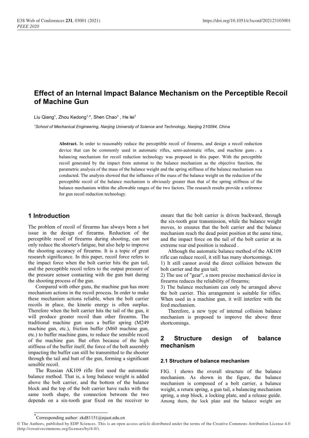 Effect of an Internal Impact Balance Mechanism on the Perceptible Recoil of Machine Gun