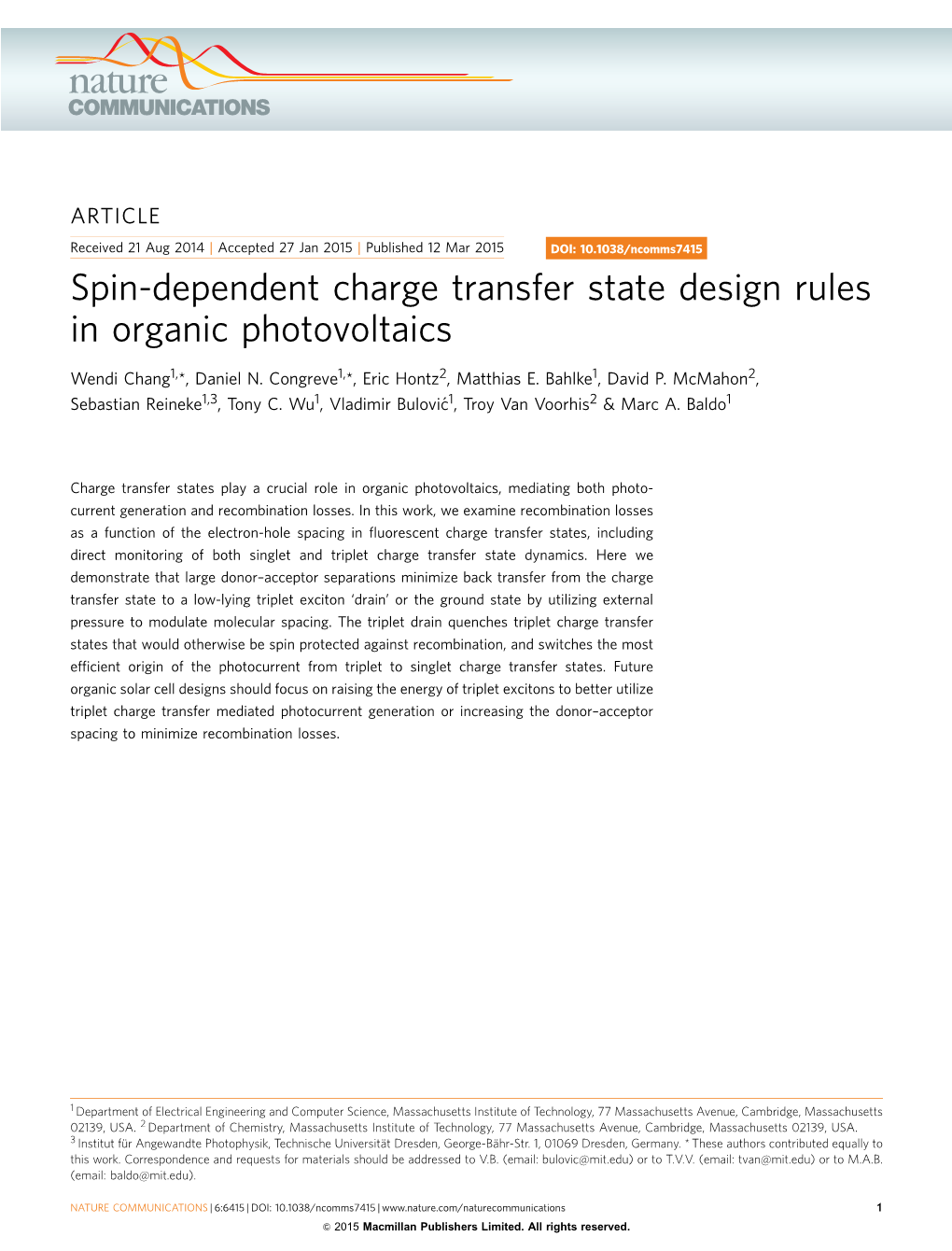 Spin-Dependent Charge Transfer State Design Rules in Organic Photovoltaics