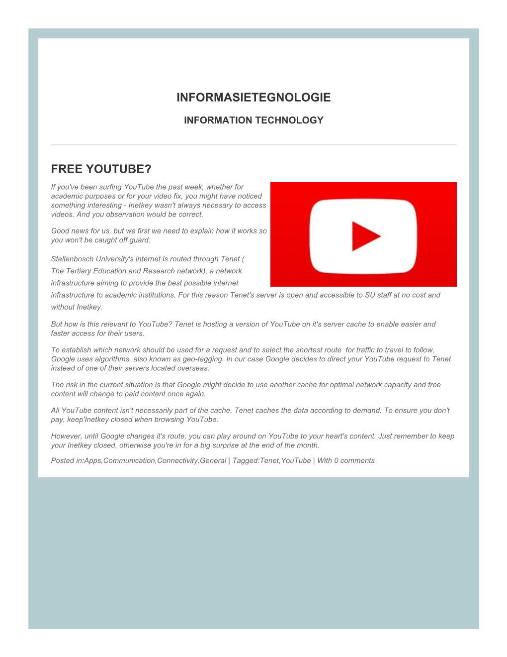 Informasietegnologie Free Youtube?